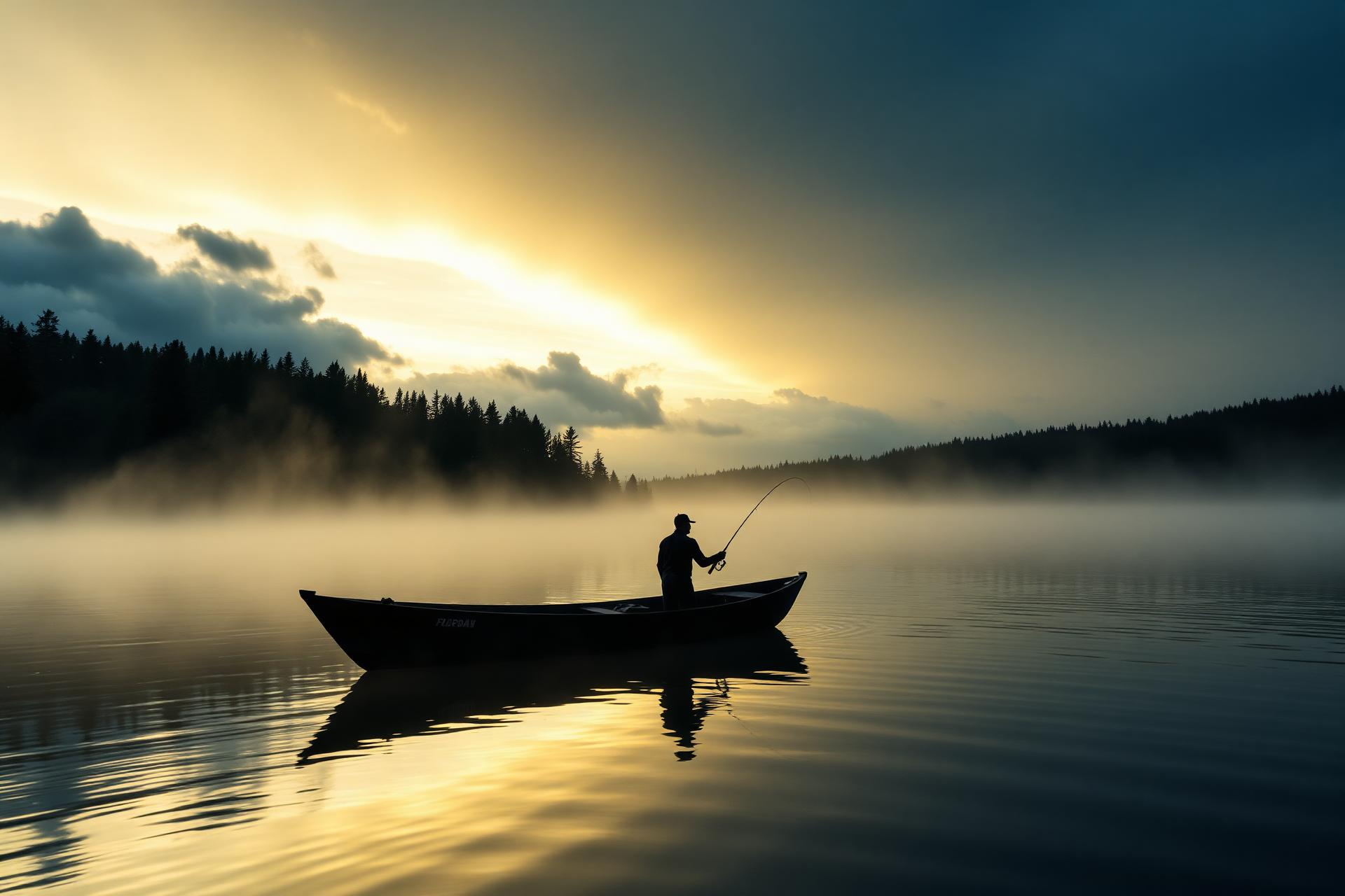 Sunrise over a misty lake with a lone fisherman casting